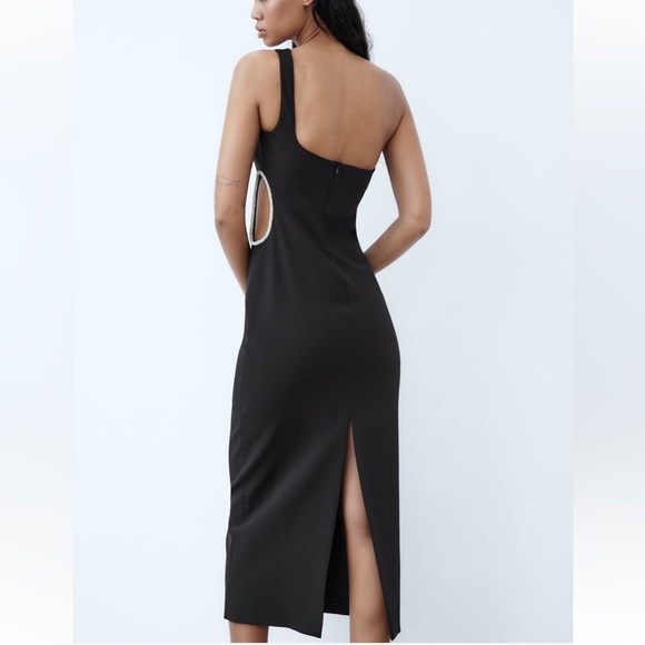 Zara NWT black one shoulder rhinestone side cutout detail midi dress - Picture 7 of 9